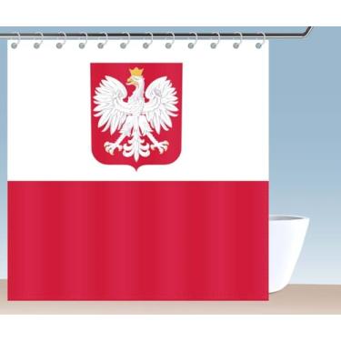 Imagem de Petite Pine Cortina de chuveiro com bandeira de águia polonesa de poliéster de 72 × 72 polegadas, com ganchos e ilhós, decoração de banheiro da Polônia à prova d'água de 182 × 182 cm, cortinas de
