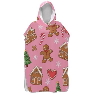 Imagem de Joisal Poncho de surfe para adultos trocador de roupão de praia com capuz toalha floral absorvente feminino ponchos com capuz fofos biscoitos de Natal rosa