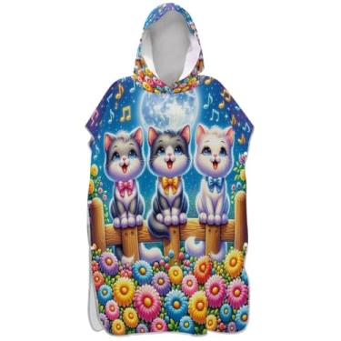 Imagem de Joisal Poncho de surfe com flores coloridas de gatos fofos para trocador de roupas de adulto, ponchos de praia reutilizáveis para homens, toalha de banho com capuz de praia