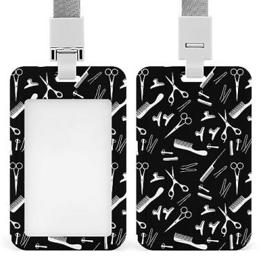 Imagem de Silhuetas brancas sem costura de ferramentas de cabeleireiro em suporte de crachá de identificação preto escuro com cordão, suporte de cartão de plástico com clipe de pressão removível para estudante