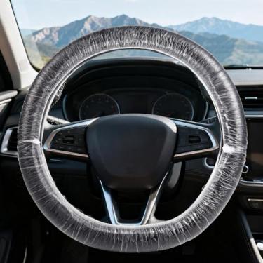 Imagem de 100 peças de capas descartáveis para volante de carro, protetor de volante de plástico universal com elástico, acessórios de proteção interna automotiva para a maioria dos modelos de veículos