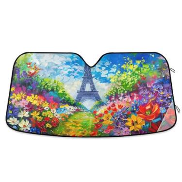 Imagem de Campos de flores coloridas pintura Torre Eiffel sombra solar para para-brisa de carro bonito personalizado retrátil acessórios de carro persianas para-brisa frontal P, 134,6 cm x 59,7 cm