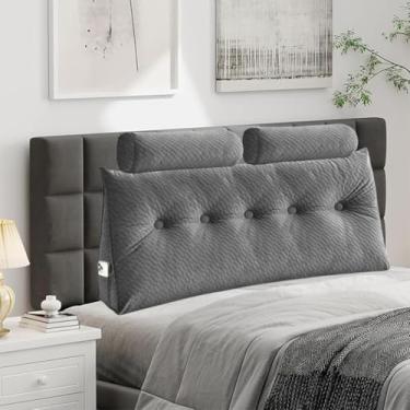 Imagem de Almofada triangular de veludo para cabeceira de cabeça, capa removível, cama de beliche, suporte de posicionamento do encosto, descanso de leitura relaxante (cinza com travesseiro de rolo, Queen (150