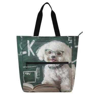 Imagem de GAIGEO Smart Bichon Frise Óculos Impressão de Livros Sacola para Mulheres Crianças Escola Trabalho Professor Zíper Bolsa Livro