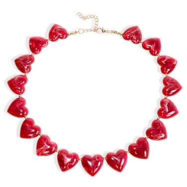 Imagem de BYETOCE Colar com pingente de coração de amor para o Dia dos Namorados, colar com pingente de coração com contas grossas, joia para presente de aniversário, Resina, Sem Pedra Preciosa