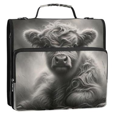 Imagem de Engraçado organizador de fichário com zíper 3 fichários anel D 1,5 polegada lindo portfólio cinza vaca Highland comporta 500 folhas, bolsa de fichário com alça para escola