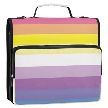 Imagem de 3 fichários para fichários de 3,8 cm D com listras da bandeira do orgulho Bigenderflux com zíper, bolsa organizadora de fichários escolares com alça de ombro, suporte para 500 folhas