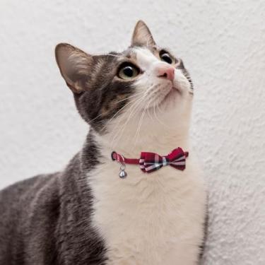 Imagem de Coleira para gatos Breakaway, coleira longa tecida à mão com laço xadrez, coleira fofa ajustável para a maioria dos gatos (vermelha)