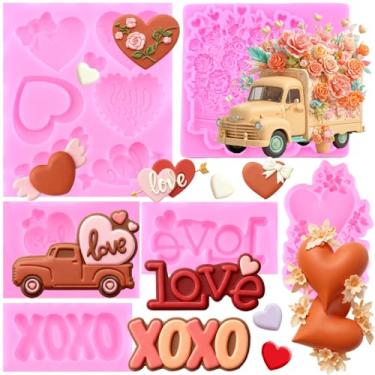 Imagem de Mujiang Moldes de fondant de Dia dos Namorados Coração Rosa Caminhão Molde de Silicone Love XOXO Moldes de Doce de Chocolate para Decoração de Bolos Topo de Cupcake Pasta de Goma de Argila Polímero