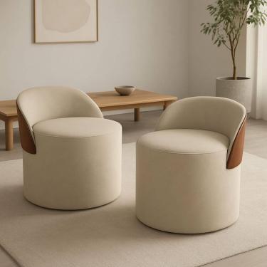 Imagem de Kit 2 Puff Curvo Com Encosto Redondo Orgânico Sala Confortável Resistente Composé Suede Corino