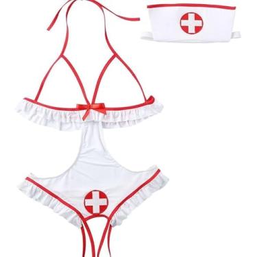 Imagem de Conjunto de lingerie feminina sexy de enfermeira, roupa de cosplay - sutiã frente única e minissaia sem virilha com faixa de cabeça para cosplay/branco-P