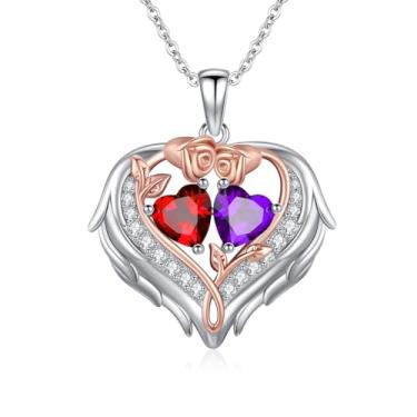 Imagem de WYDDO Colar de coração com asas de anjo para mulheres, pedra do mês de nascimento duplo, pingente de flor de rosa, presente ideal para aniversário, Natal, presente para esposa, mãe, namorada, filha
