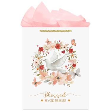 Imagem de FLYAB Sacos de presente de pomba branca tamanho médio com papel de seda rosa 22 x 12 x 28 cm, sacos de presente abençoados além da medida, para presentes de primeira comunhão, presentes de chá de bebê