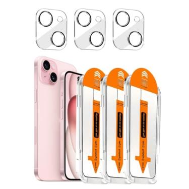 Imagem de Pacote com 3 + 3 protetores de tela compatíveis com iPhone 15 de vidro temperado de 6,1 polegadas com acessórios de protetor de lente de câmera, kit de instalação premium mais fácil 9H, compatível com