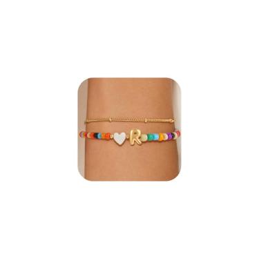 Imagem de Eaciy Pulseiras coloridas com inicial para mulheres e meninas - Pulseira com pingente de coração banhado a ouro 14K com letra inicial Daint A-Z, joias de verão, presentes para meninas adolescentes, 8