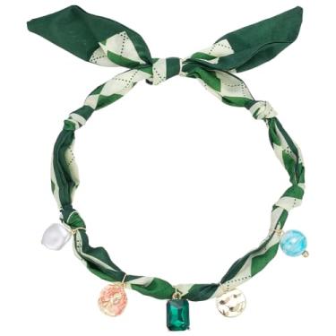 Imagem de SOFPLATE Colar de lenço de pescoço para mulheres, bandana e cachecol para mulheres, com charme, moderno, estilo natural, gravata ajustável, strass verde, berloque, bandana boho, gargantilha para