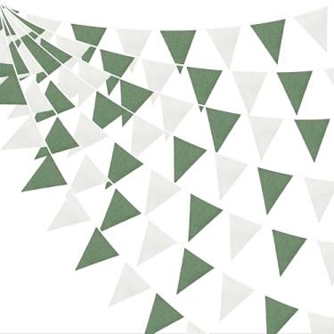 Imagem de Decoração de festa verde e branca de 1,8 m verde sálvia faixa de serapilheira branca bandeira de flâmula de linho flâmulas para safári na selva, aniversário, casamento, golfe, chá de bebê, decorações