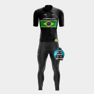Imagem de Conjunto Ciclismo Camisa Masculina Champion Brasil PRO Manga Curta Bolso Traseiro e Calça Forro Gel-Masculino