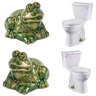 Imagem de WANSHUNLMI Tampas de parafuso de vaso sanitário de sapo, tampas de parafuso de sapo de cerâmica - decoração de banheiro fofa, gadgets temáticos de animais divertidos para fácil instalação (sapo verde)