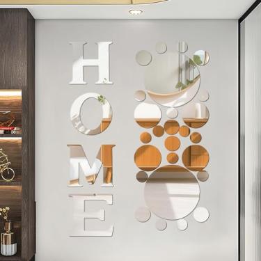 Imagem de 30 peças de decoração de parede espelhada, placas de letras domésticas com círculos - adesivos e decalques grandes de acrílico para parede de sala de estar, decoração de casa de fazenda 3D removível