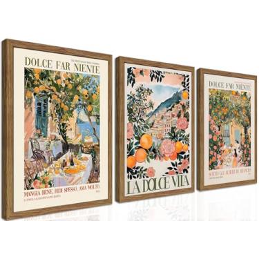 Imagem de Conjunto de 3 arte de parede de cenário italiano emoldurado, arte de parede de cozinha da Costa Amalfitana, impressão em tela de paisagem de cidade vintage, arte de imagens de comida italiana moderna