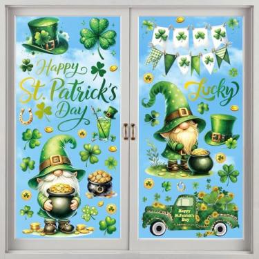 Imagem de Inisajace Adesivos de janela do Dia de São Patrício para janelas de vidro, 9 folhas de decoração de janela feliz dia de São Patrício, adesivos de janela de trevo de folha de gnomo irlandês para