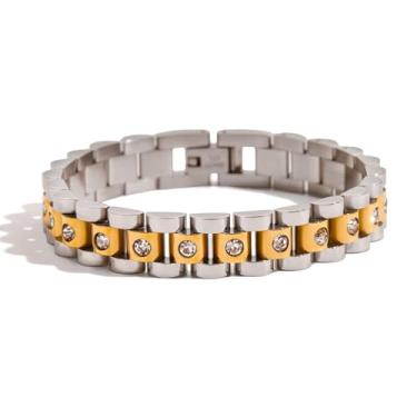 Imagem de RAIFIN Pulseira feminina banhada a ouro 18 K, pulseira de aço inoxidável com zircônia cúbica de dois tons, impermeável, não mancha, zircônia cúbica, presente de joia, 7 Inches, Aço inoxidável Aço
