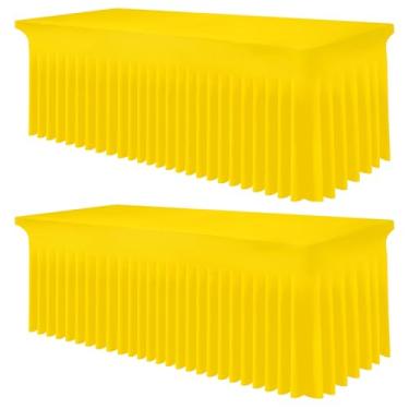 Imagem de Smiry Toalha de mesa de elastano pacote com 2, toalha de mesa elástica elástica para mesas retangulares de 1,8 m, saia de mesa lavável à prova d'água para casamentos, banquetes e festas (amarelo, 182