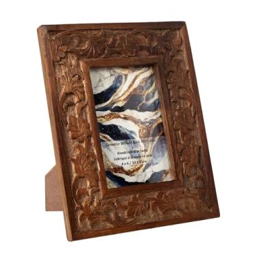 Imagem de EDZZEL Porta-retrato de madeira floral feito à mão 10 x 15 – Moldura ornamentada de madeira esculpida à mão para decoração de mesa e parede – Moldura decorativa boêmia, acabamento marrom rústico
