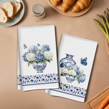 Imagem de 2 peças de toalhas de cozinha de borboleta de hortênsia 35 x 61 cm, toalha de prato decorativa de microfibra absorvente, toalhas de mão de waffle de porcelana chinoiserie para decoração de cozinha e