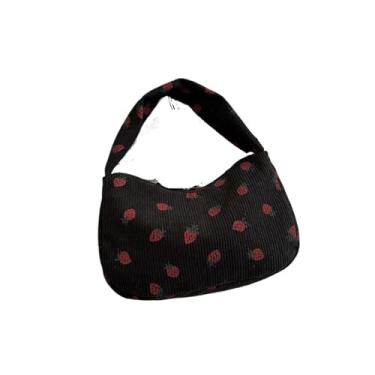 Imagem de Bolsa feminina pequena de veludo cotelê com estampa fofa, bolsa axila, design de meia lua, mini bolsas de ombro, Preto, One Size
