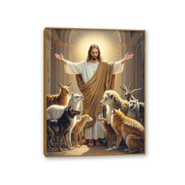 Imagem de Arte de parede em tela de leão e cordeiro, pintura religiosa de cordeiro, luz de Jesus brilha em animais, pintura de impressão para decoração de casa para igreja sala de estar 90 x 70 cm (36 x 28
