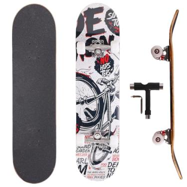 Imagem de Skate profissional de chute duplo, deck de bordo de 78,7 cm, rolamentos ABEC-9, rodas de poliuretano 95A, design gráfico personalizado (bicicleta, 78,7 cm)
