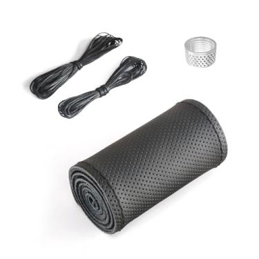 Imagem de Icyfond Capa de volante de couro genuíno, costura no envoltório para volante de até 38 cm de diâmetro, antiderrapante e respirável, costura DIY com linha de agulhas (preto)