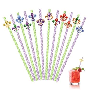 Imagem de NIEITRK 24 peças de suprimentos de festa de carnaval Fleur de Lis, canudos descartáveis de papel com design floral, canudos ecológicos para celebrações de carnaval, bailes de máscaras e eventos de