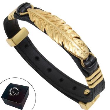 Imagem de Pulseira de Couro PENA Proteção Indígena Fecho Strap Plug Ajustável Banhado a Ouro - NE-Unissex