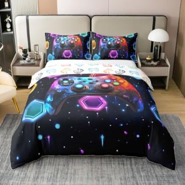 Imagem de jejeloiu Capa de edredom gamer 100% algodão king size para meninos, meninas, jogo de cama de videogame, 3 peças, decoração de quarto geométrico, respirável, macio e leve de microfibra