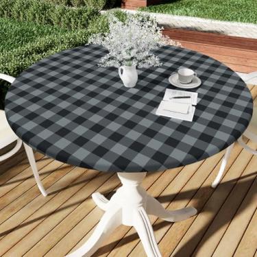 Imagem de Smiry Toalha de mesa redonda de piquenique, toalha de mesa elástica impermeável de vinil para mesas de 114 a 142 cm, capa de mesa xadrez de búfalo com forro de flanela para jantar, acampamento, ao ar