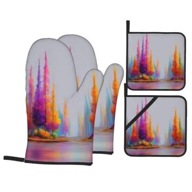 Imagem de Conjunto de luvas de forno com estampa de árvore de tinta colorida, conjunto de 4 peças, adequado para grelhar, cozinhar e assar