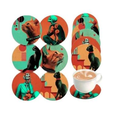 Imagem de Porta-copos De Madeira Com Tema De Gato Preto, 6 Peças, 4 Polegadas, R