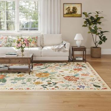 Imagem de ARKIIKI Tapete de sala de estar, 15 x 23 cm, lavável na máquina, boho, antiderrapante, floral, vintage, pilha baixa, tapetes grandes para sala de estar, quarto, casa de fazenda, sala de jantar