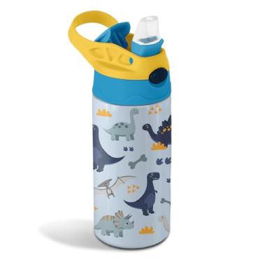 Imagem de Garrafa de água infantil de dinossauro de 340 g, linda garrafa de água de dinossauro para escola, garrafas infantis isoladas com canudo e alça, à prova de vazamento, sem BPA, tampa de palha, copo de