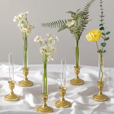 Imagem de Inweder Vasos Bud com suporte de castiçal: conjunto de 6 vasos de vidro transparente com manga de silicone para suporte de vela cônica de 2,2 cm - vasos de flores para centros de mesa, decoração de