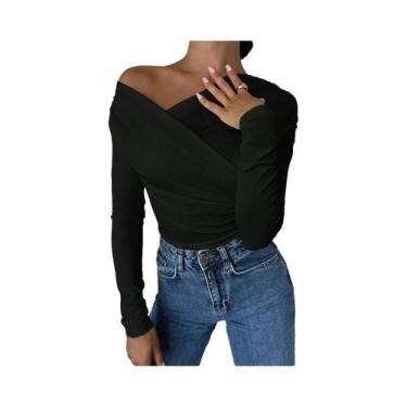 Imagem de Camiseta Feminina Slim Fit De Manga Longa Com Ombros Descidos Em Cor S