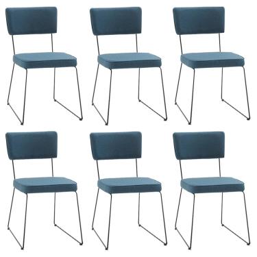 Imagem de Kit 6 Cadeiras de Jantar Decorativa Base Aço Preto Luigi Linho Azul Jeans - Gran Belo