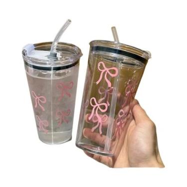 Imagem de Copo De Plástico Transparente Com Laço Rosa 500ml Para Leite E Café, I
