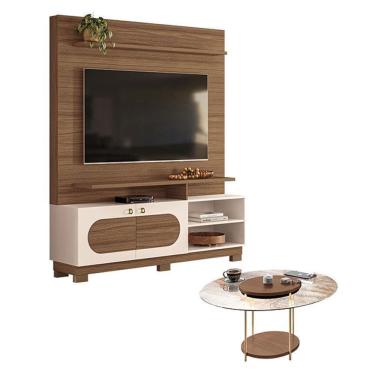 Imagem de Estante Home Theater Axis Castanho Off White Com Mesa De Centro Sky Com Tampo De Vidro Castanho - Hb Móveis