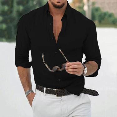 Imagem de Camisa Casual Masculina De Algodão E Linho De Manga Longa, Corte Solto