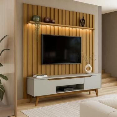 Imagem de Rack com Painel Ripado Retrô com LED MDF 177cmx218cm Pés em Madeira Ma