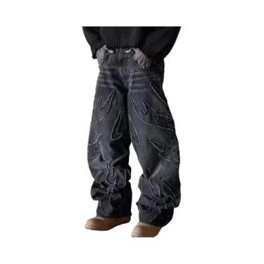 Imagem de Calças Jeans Masculinas Retro De Perna Larga Estilo Streetwear Com Bor
